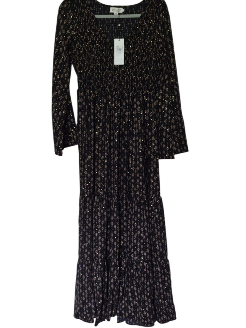 NWT Molly Bracken Small Woven Maxi Dress Black Jude Smocked Tiered Skirt Shiny
